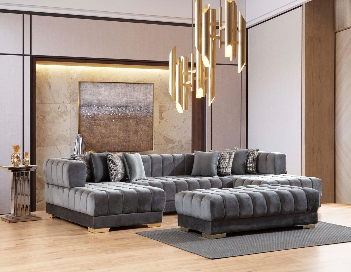 Mia gray velvet rectangle ottoman side angle