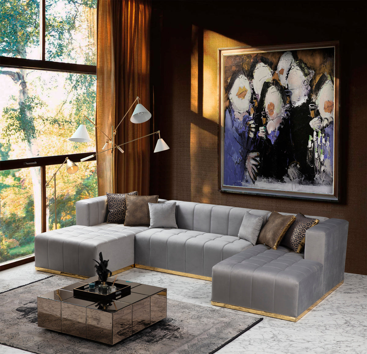 Amelia Gray Velvet Double Chaise 140" Sectional