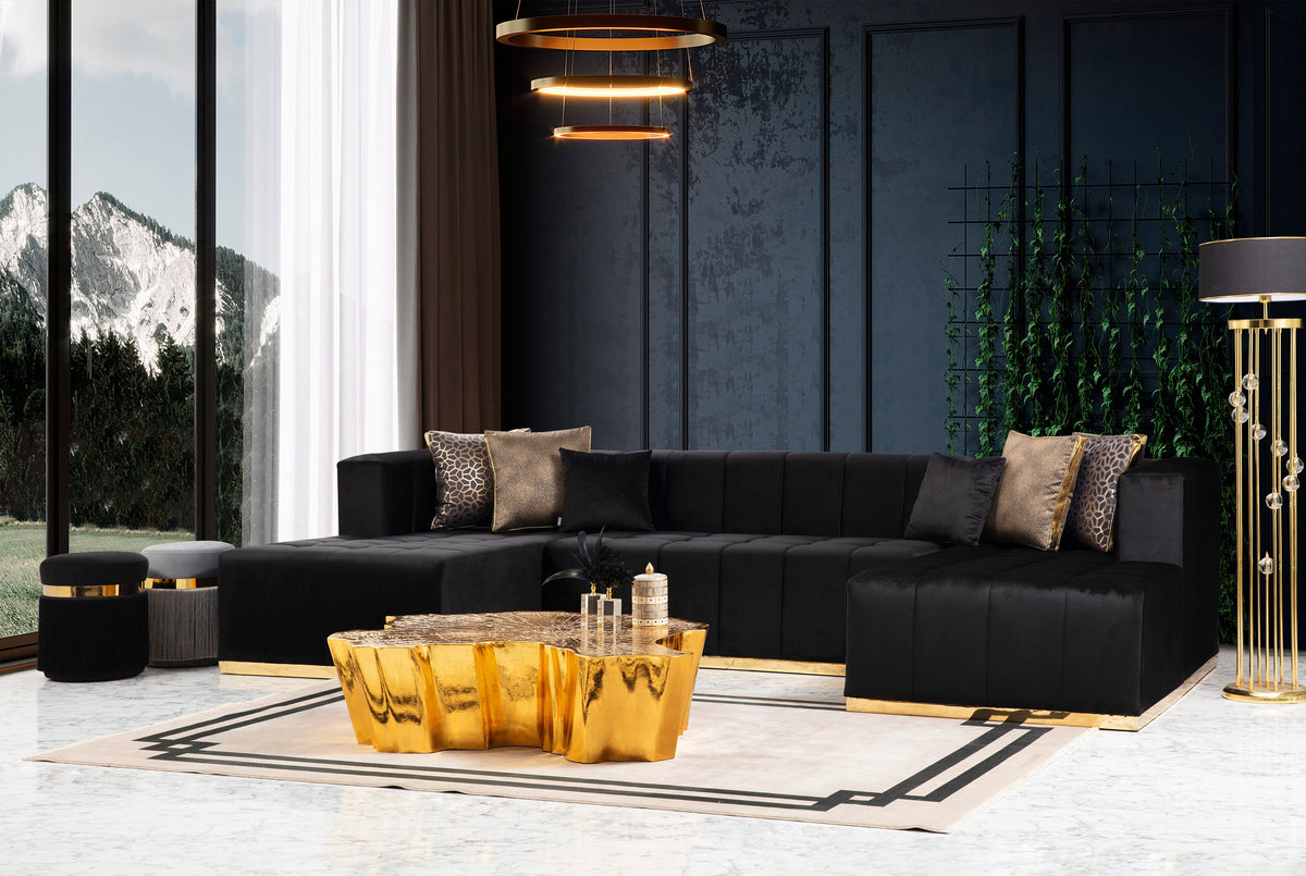 Side view of Amelia black velvet double chaise sectional sofa