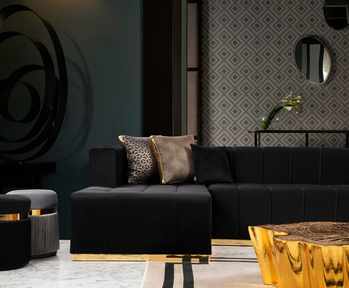 Close-up detail of black velvet upholstery on Amelia sectional