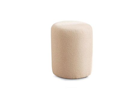 Front view of Ava Ivory Boucle Stool showing ivory boucle upholstery and wooden legs