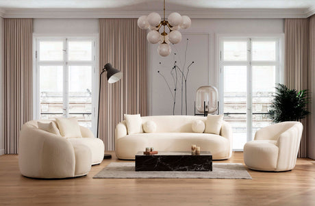 Detail view of ivory boucle upholstery on sofa