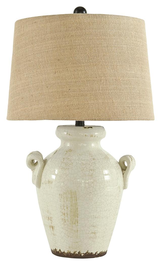 Emelda Cream Ceramic Lamp side view highlighting vase shape and handles