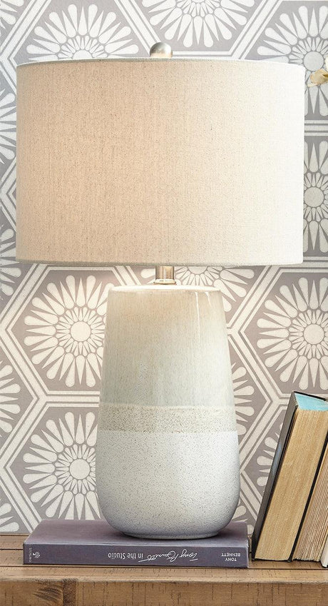 Shavon beige and white ceramic table lamp front view