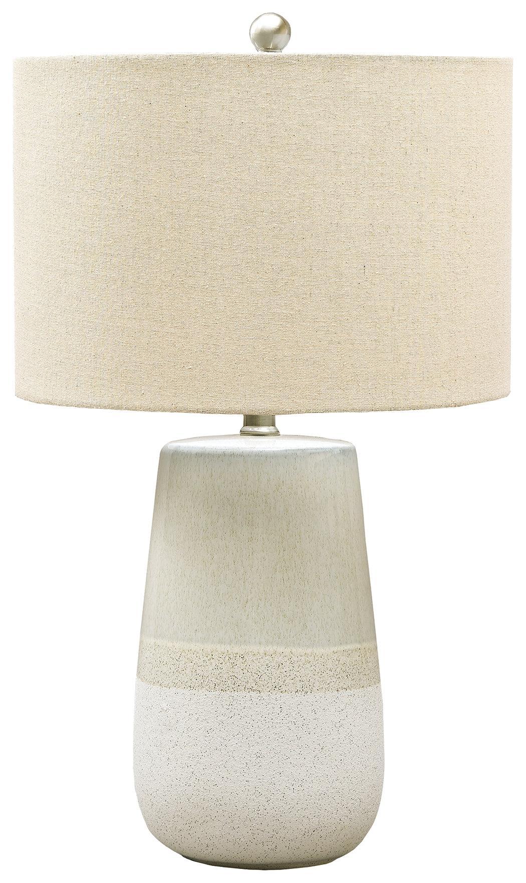 Shavon beige and white ceramic table lamp side angle