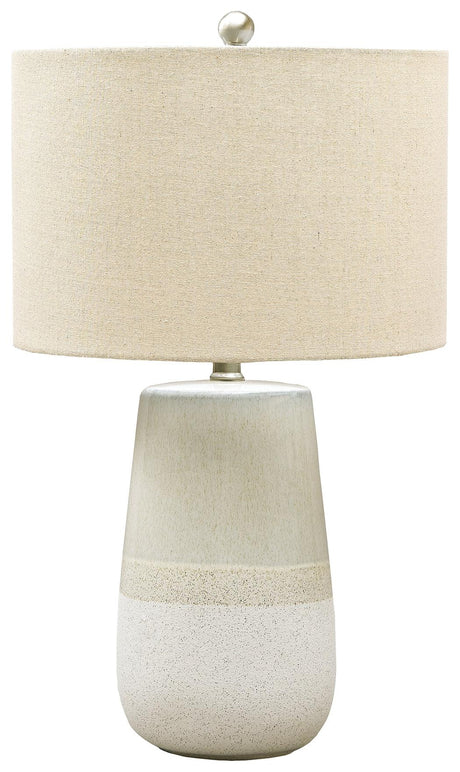Shavon beige and white ceramic table lamp side angle