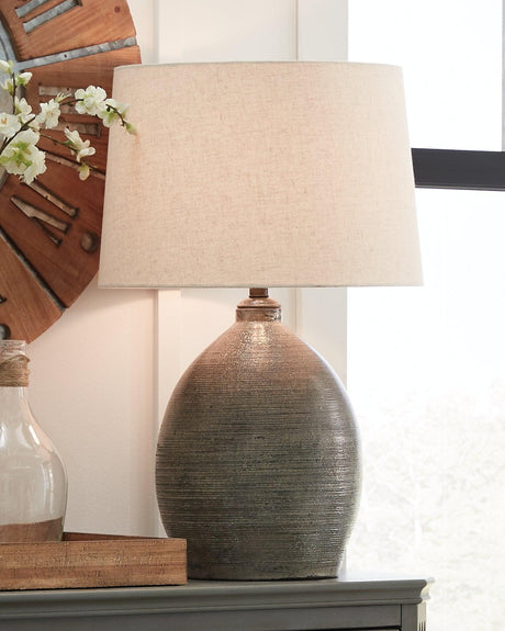 Joyelle Gray Table Lamp with terracotta base, front angle