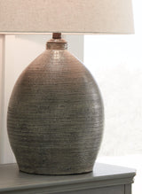 Joyelle Gray Table Lamp side view showing shade and base design