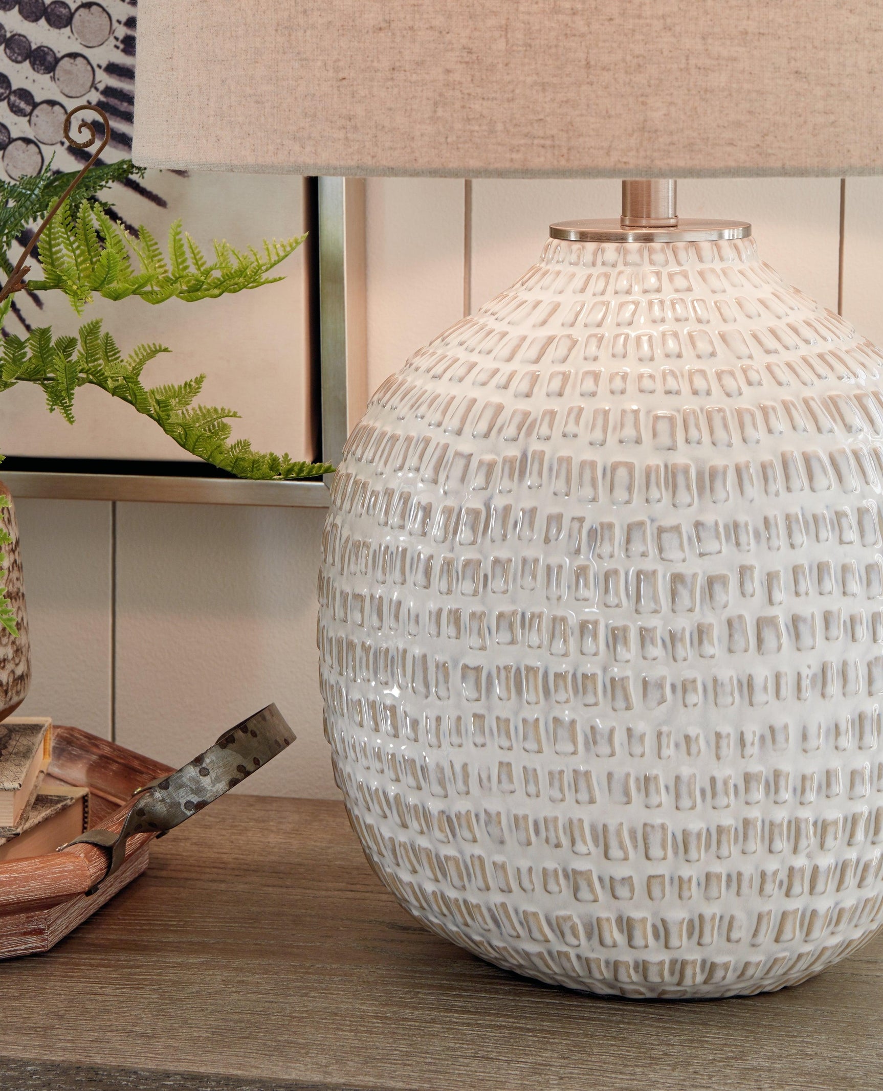 Detail of Jamon table lamp beige fabric drum shade