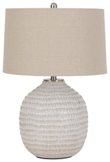 Close-up of Jamon ceramic lamp base with goldtone hardware