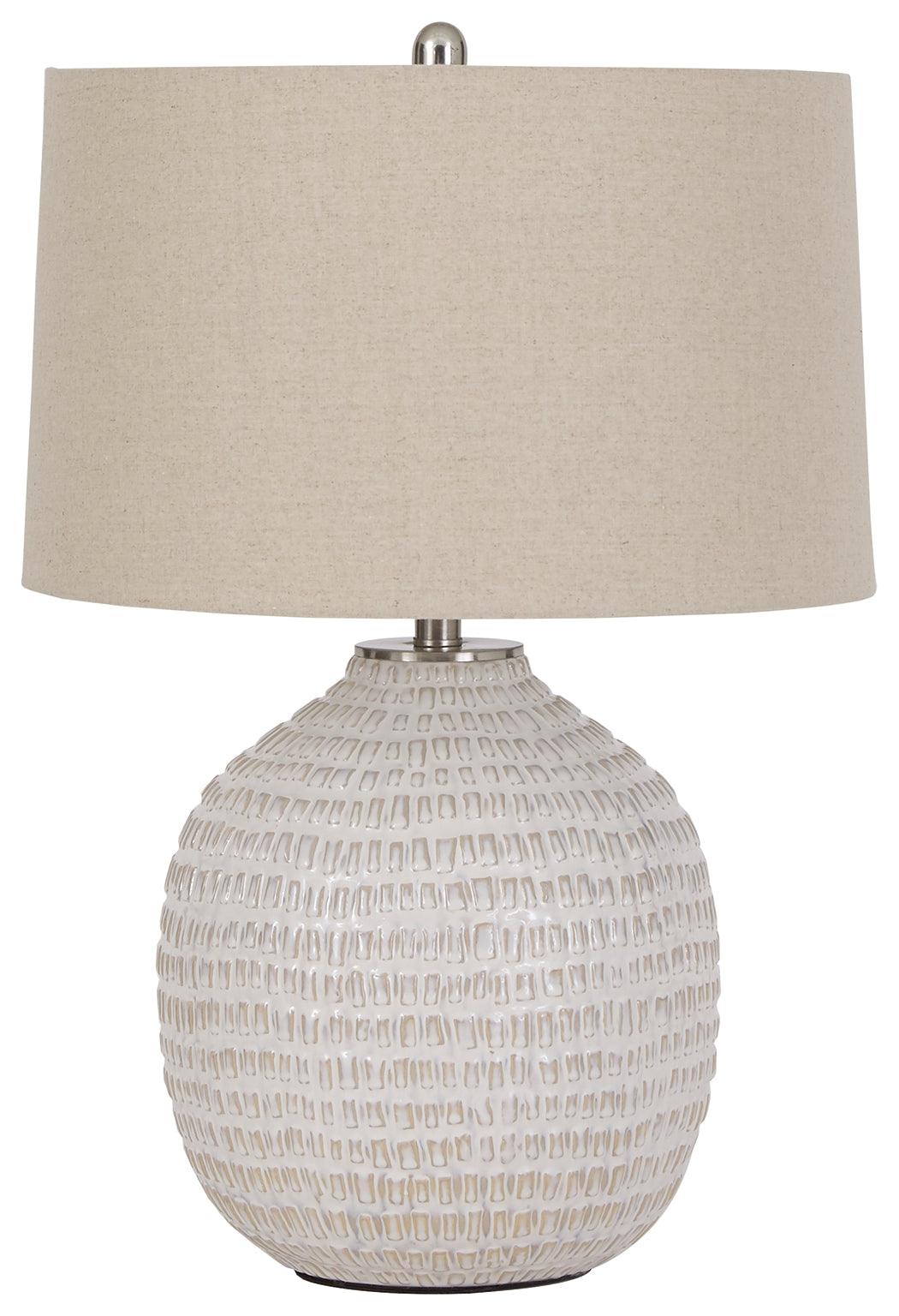 Close-up of Jamon ceramic lamp base with goldtone hardware