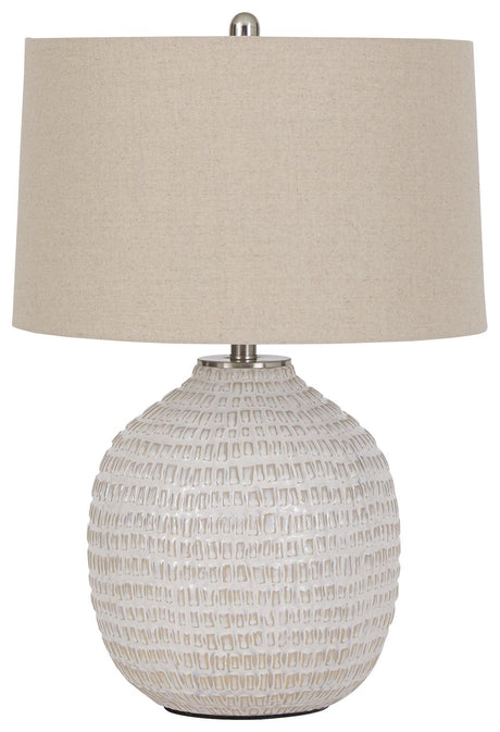 Close-up of Jamon ceramic lamp base with goldtone hardware