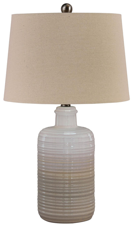 Marnina Taupe Ceramic Table Lamp in Living Room Setting
