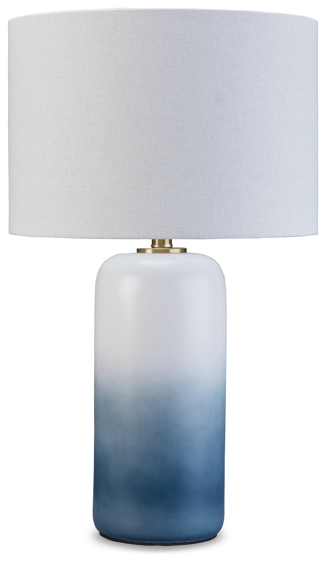 Close-up of Lemrich lamp fabric drum shade with white and teal gradients