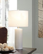 Steuben white ceramic table lamp set, close-up on textured base