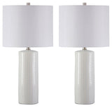 Steuben white table lamp set with fabric drum shade, side view