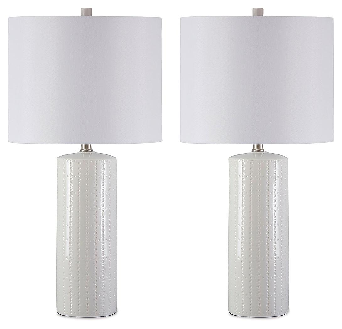 Steuben white table lamp set with fabric drum shade, side view