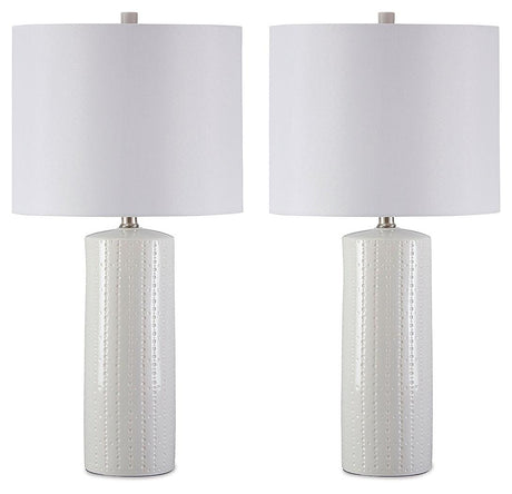 Steuben white table lamp set with fabric drum shade, side view