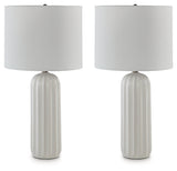 Clarkland table lamp side view showing ceramic base and fabric shade