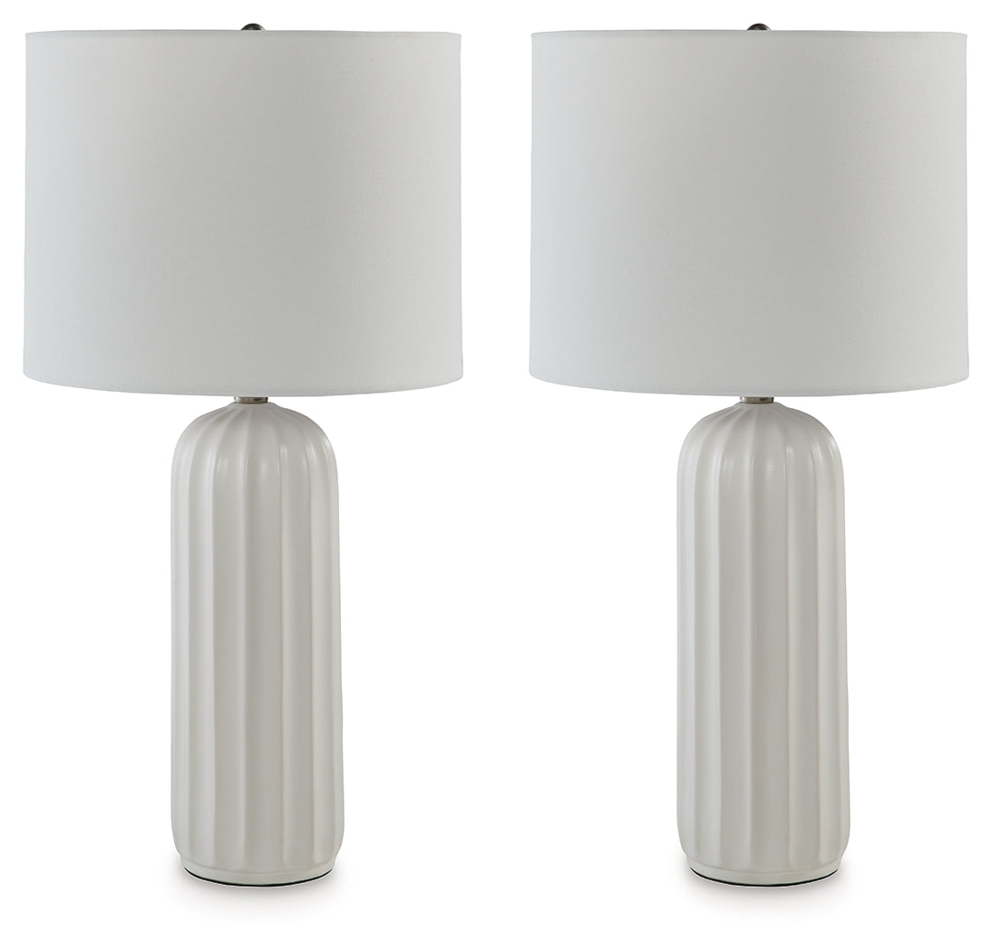 Clarkland table lamp side view showing ceramic base and fabric shade