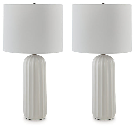 Clarkland table lamp side view showing ceramic base and fabric shade