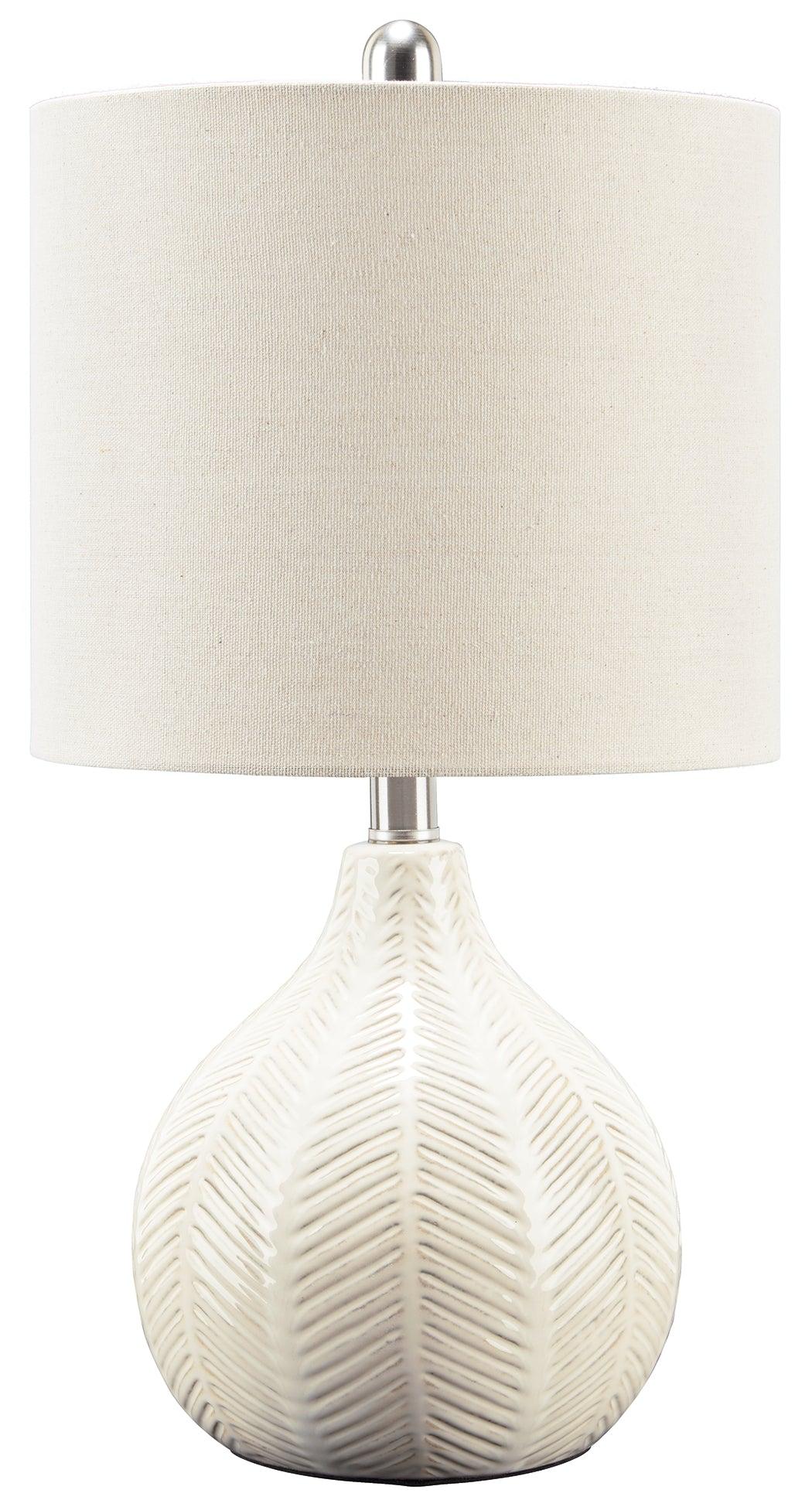 Close-up of Rainermen Table Lamp ceramic base and fabric shade