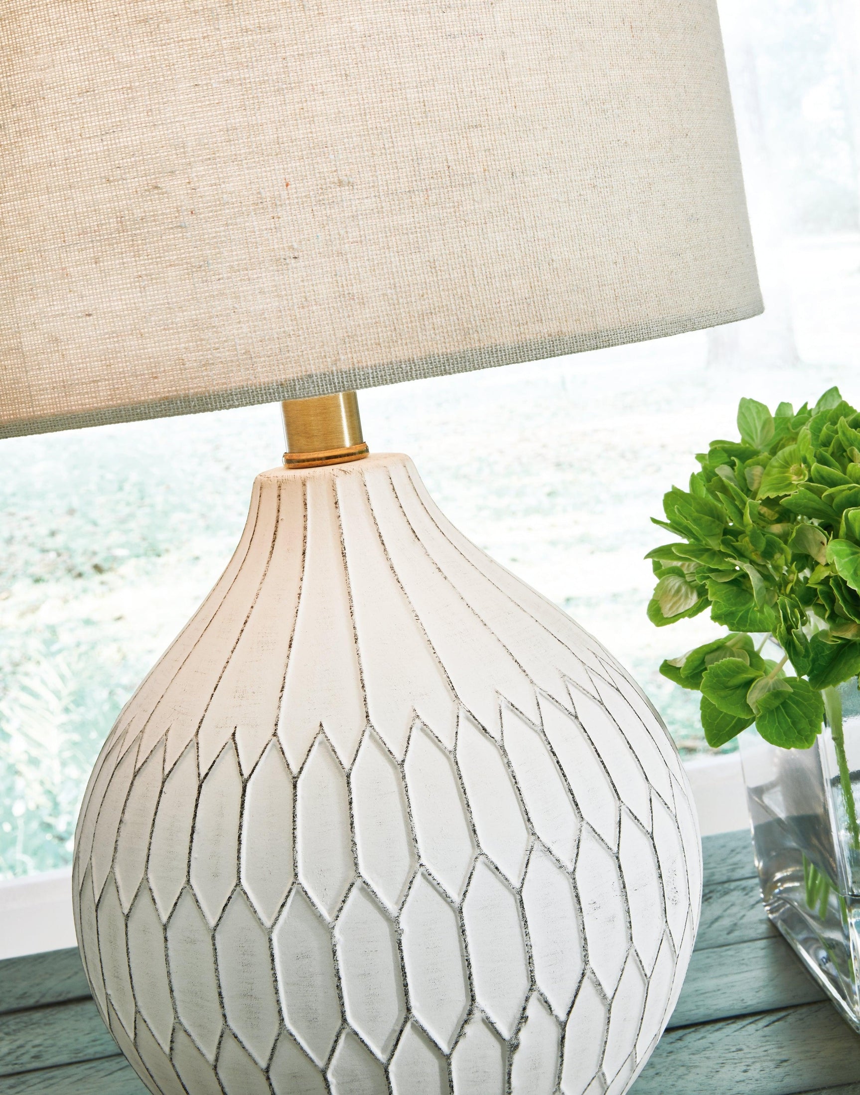 Detailed view of Wardmont lamp drum fabric shade