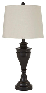 Close-up of Darlita bronze finish lamp base and fabric shade