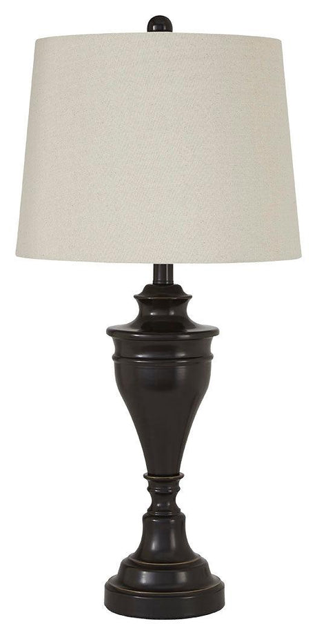 Close-up of Darlita bronze finish lamp base and fabric shade