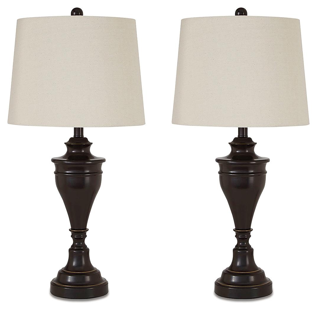 Darlita bronze finish table lamp side angle with fabric shade