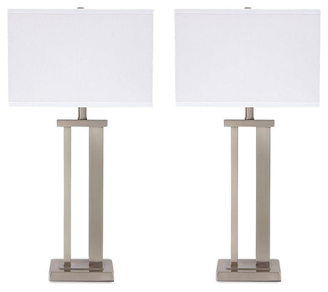 Side profile of Aniela table lamp showing polished silver metal base