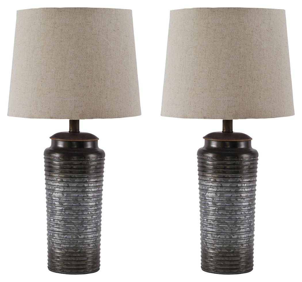 Norbert Gray table lamps shown next to sofa in casual room