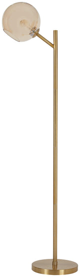 Close-up detail of Abanson Amber gold floor lamp base and glass shade