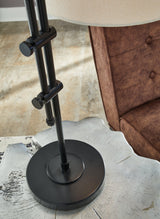 Close-up of Baronvale Accent Lamp showing black metal base and fabric shade