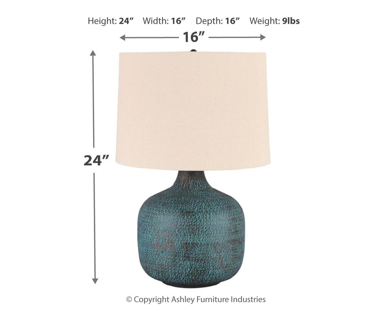 Malthace Patina Table Lamp with dimensions overlay
