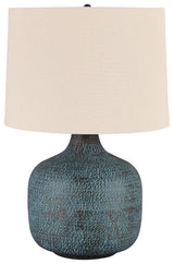 Malthace Patina Table Lamp close-up of hammered bronze base and texture