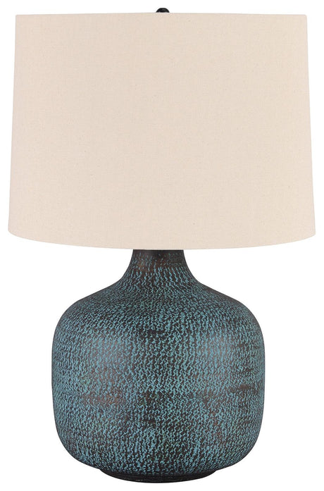 Malthace Patina Table Lamp close-up of hammered bronze base and texture