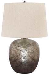 Close-up of Magalie Table Lamp antique silver finish and patterned drum shade