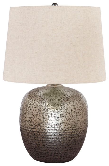 Close-up of Magalie Table Lamp antique silver finish and patterned drum shade