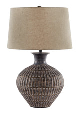 Magan Table Lamp angled view highlighting patterned bronze base