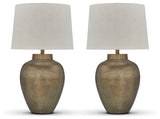 Side view of Madney antique gold table lamp