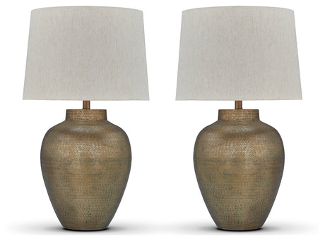 Side view of Madney antique gold table lamp