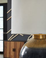 Close-up of Adara lamp's fabric drum shade
