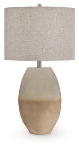 Linas table lamp angled view highlighting metal base and shade texture