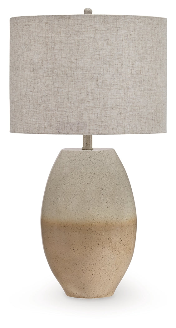 Linas table lamp angled view highlighting metal base and shade texture