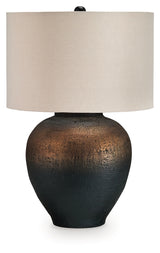 Side angle of Newgerhard table lamp showing metal base and fabric shade