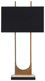 Side view of Malana brass finish table lamp showing marble base and black metal frame
