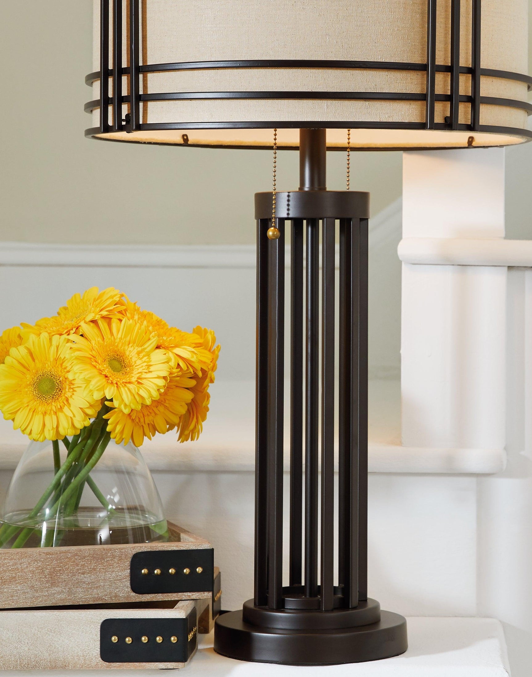 Close-up of Hanswell Table Lamp metal frame and fabric shade texture