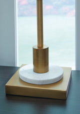 Close-up of Fritzburn lamp goldtone metal and marble base