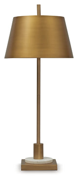 Side view of Fritzburn table lamp highlighting marble accent
